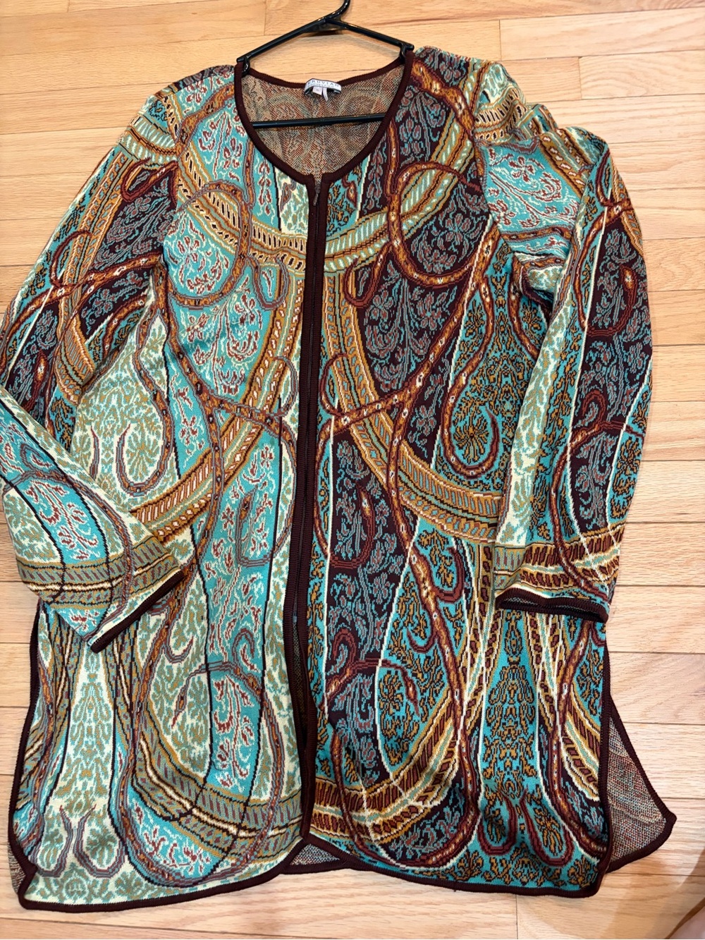 Peruvian Connection Teal, Brown & Gold Paisley Knit Cardigan